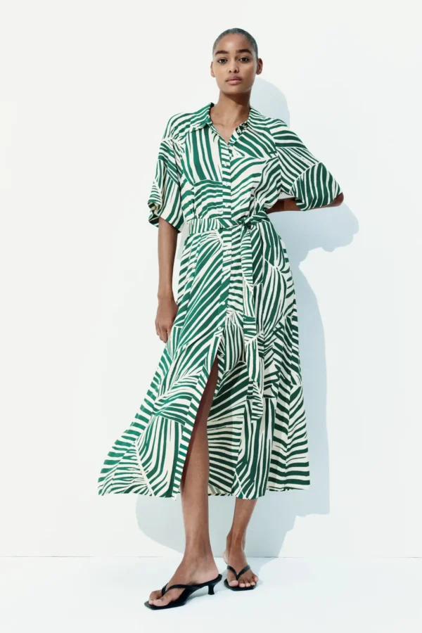 Tropical Stripe Belted Midi Dress