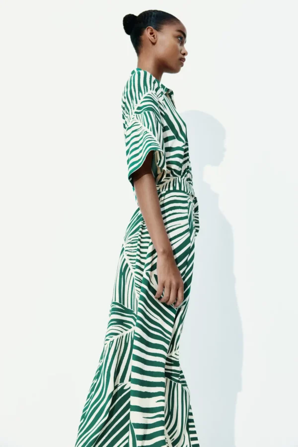 Tropical Stripe Belted Midi Dress